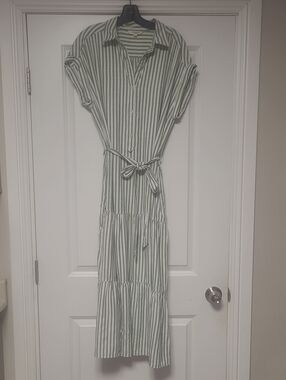 Max Studio Green and White Striped Maxi Shirt Dress